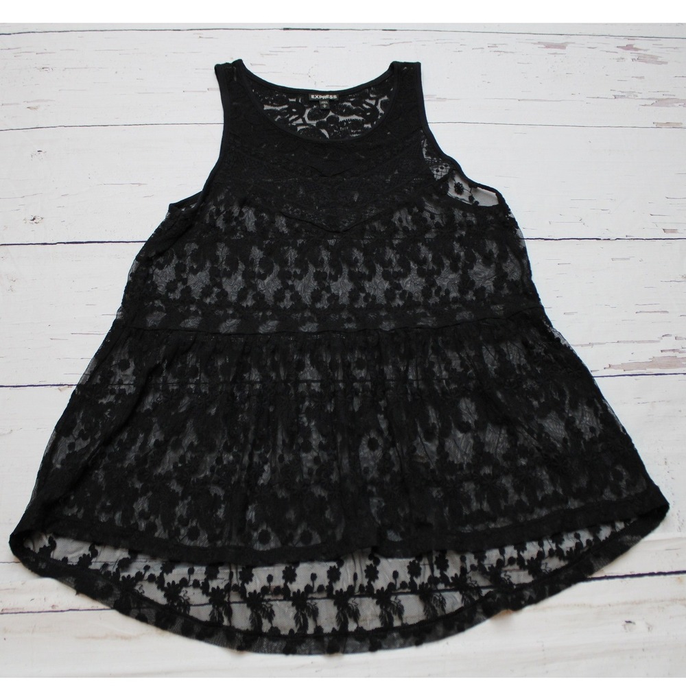 Express Sheer Lace Babydoll Tank Top Black Medium Boho Peplum